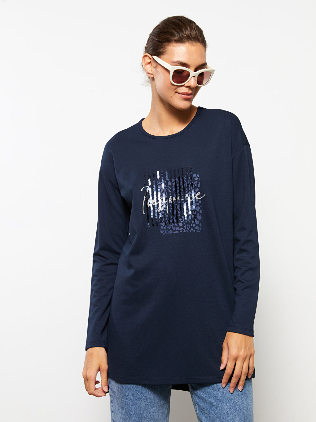 LCWAIKIKI Basic Crew Neck Patterned Long Sleeve Women's Tunic -W26269Z8-HFK