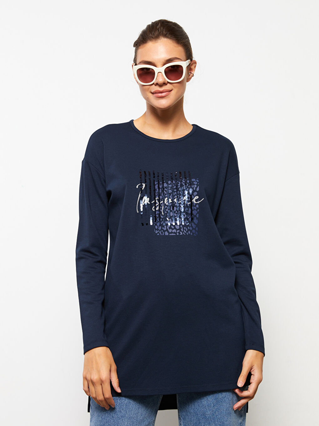 LCWAIKIKI Basic Crew Neck Patterned Long Sleeve Women's Tunic -W26269Z8-HFK
