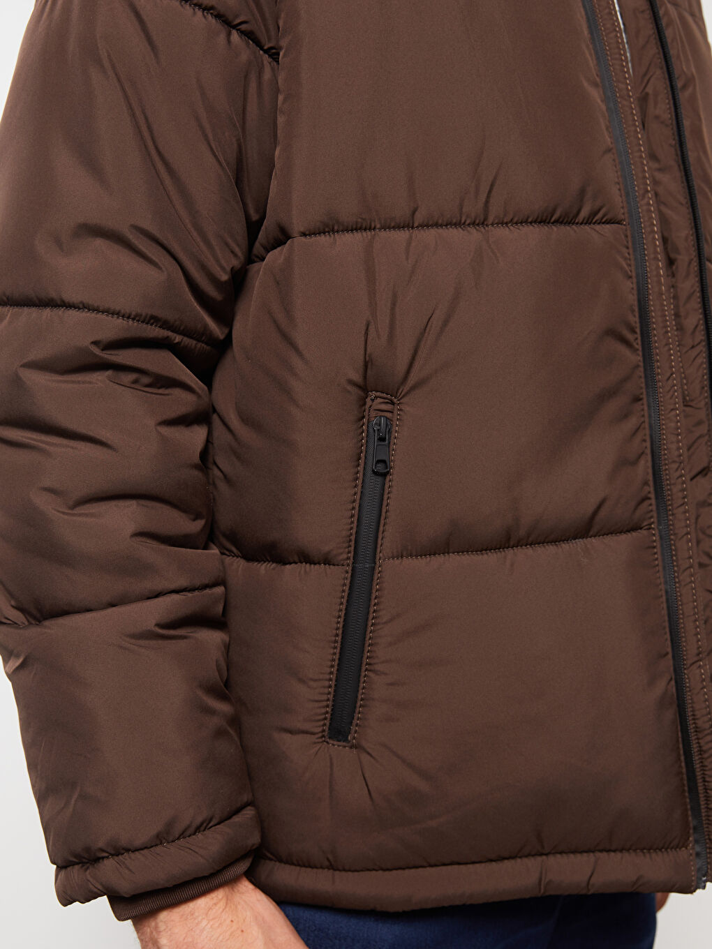 Kahverengi Rahat Kalıp Dik Yaka Erkek Şişme Mont-2