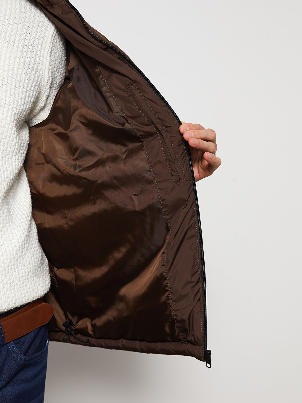 Kahverengi Rahat Kalıp Dik Yaka Erkek Şişme Mont-3