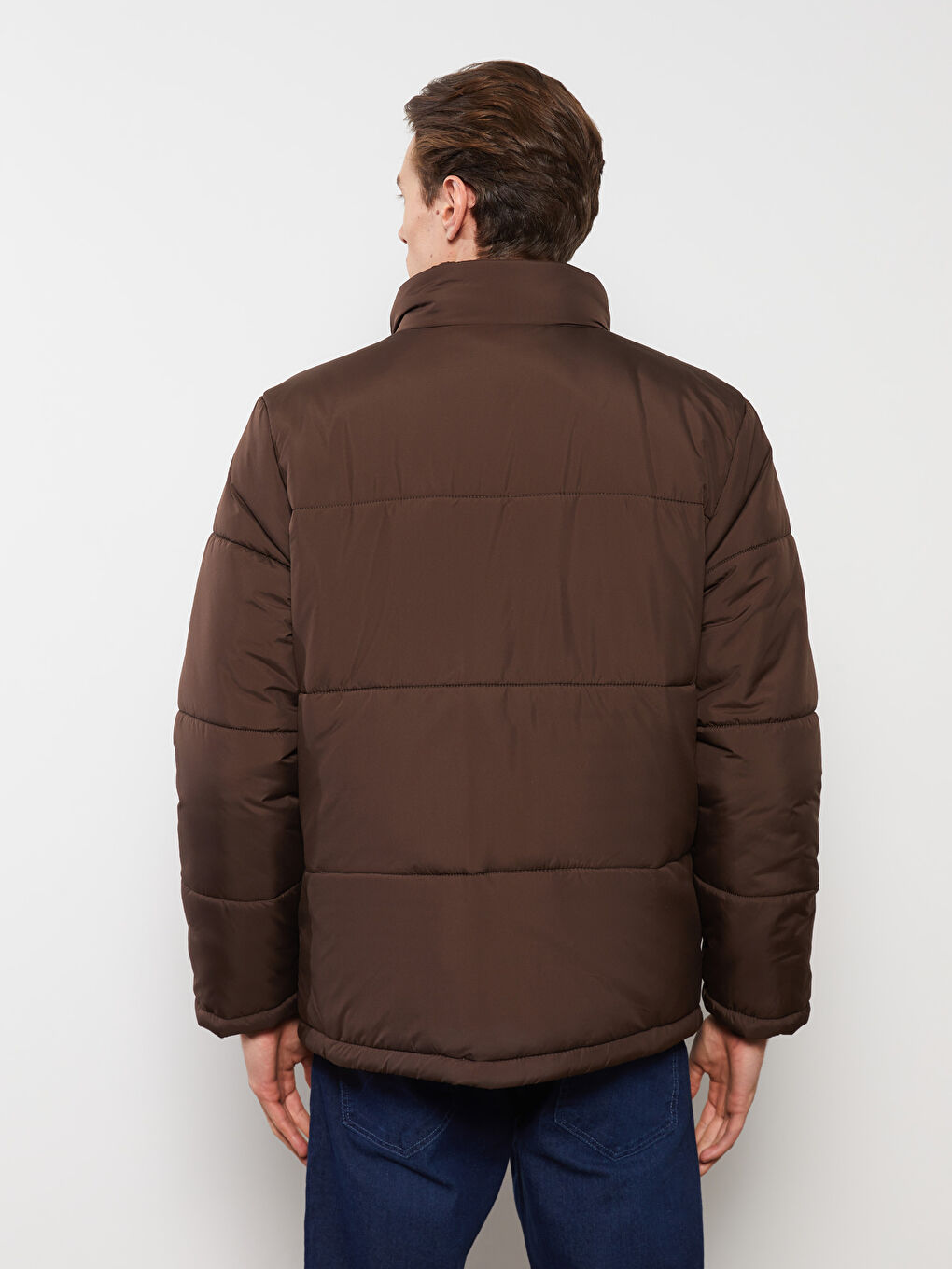 Kahverengi Rahat Kalıp Dik Yaka Erkek Şişme Mont-4