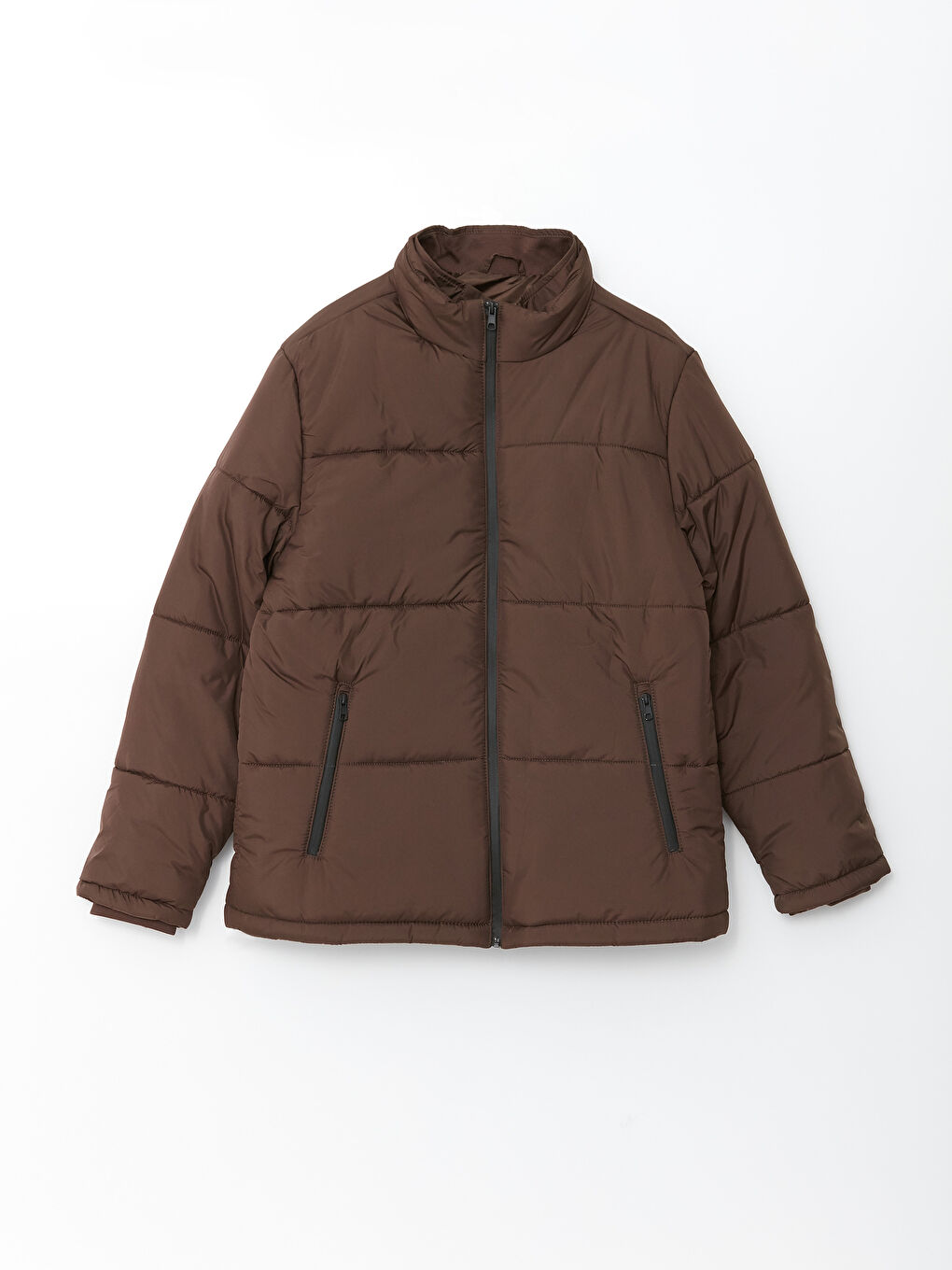 Kahverengi Rahat Kalıp Dik Yaka Erkek Şişme Mont-5