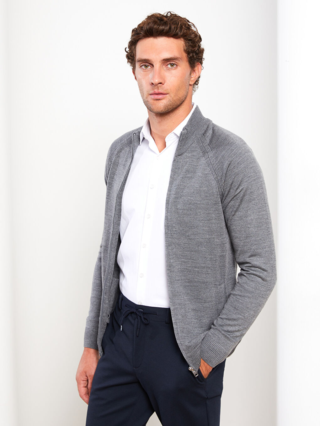 Gri Standart Kalıp Dik Yaka Erkek Triko Hırka-2