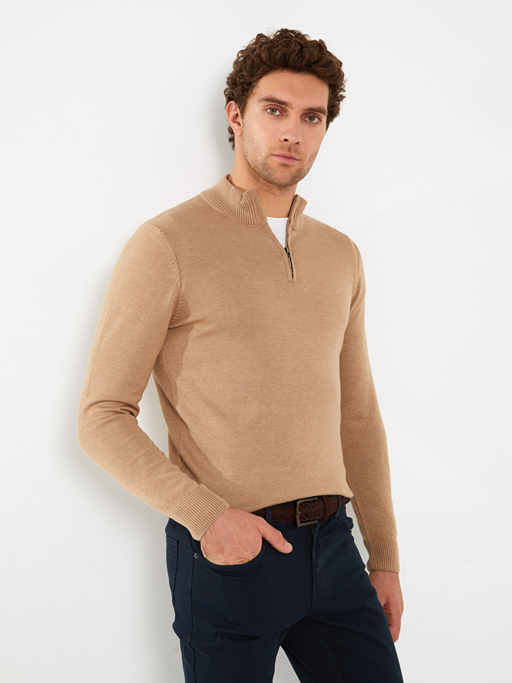 Bej Dik Yaka Uzun Kollu Erkek Triko Kazak