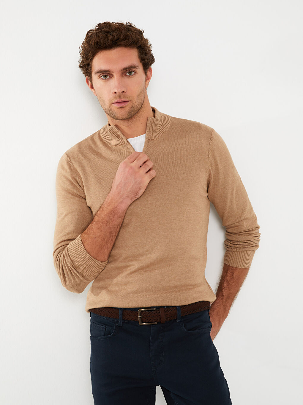 Bej Dik Yaka Uzun Kollu Erkek Triko Kazak-1