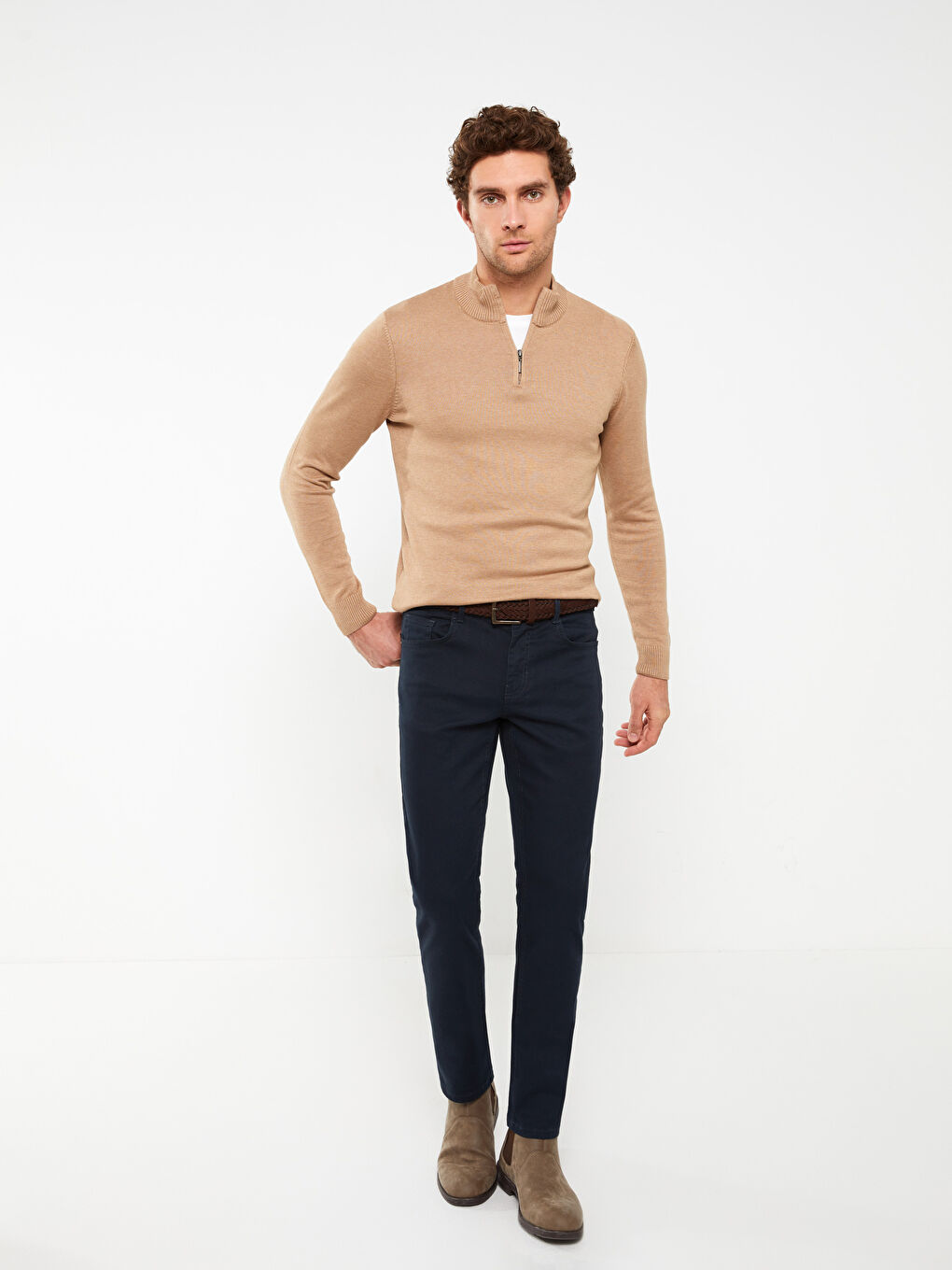 Bej Dik Yaka Uzun Kollu Erkek Triko Kazak-2