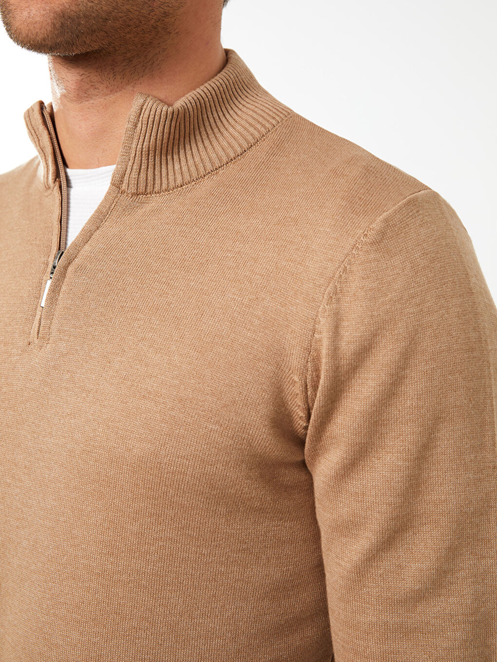 Bej Dik Yaka Uzun Kollu Erkek Triko Kazak-3