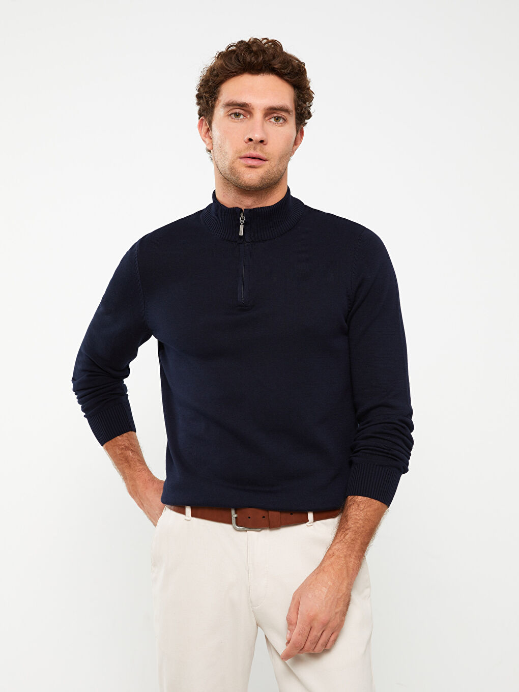 Lacivert Dik Yaka Uzun Kollu Erkek Triko Kazak-1