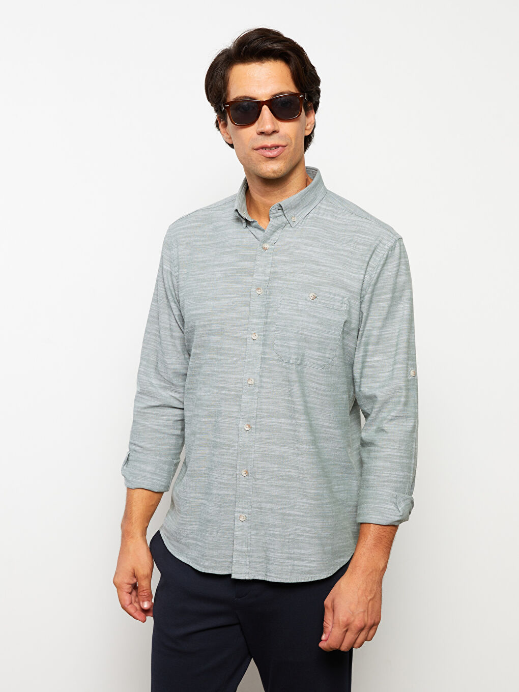 Yeşil Regular Fit Uzun Kollu Desenli Erkek Gömlek-1