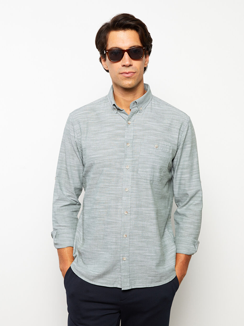 Yeşil Regular Fit Uzun Kollu Desenli Erkek Gömlek-2