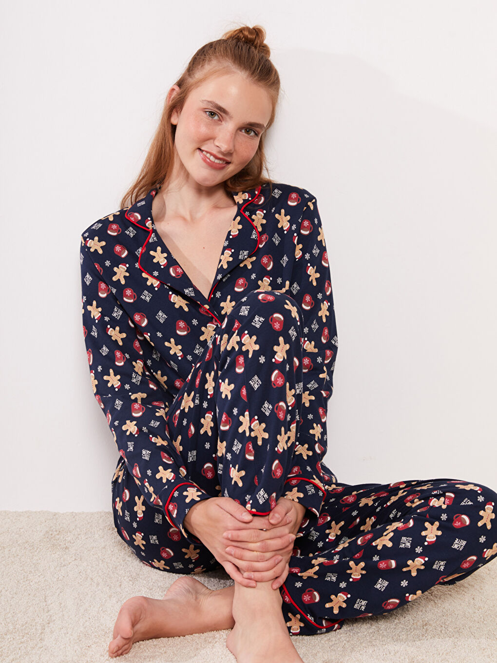 Shirt Neck New Year Themed Long Sleeve Cotton Women's Pajama Set