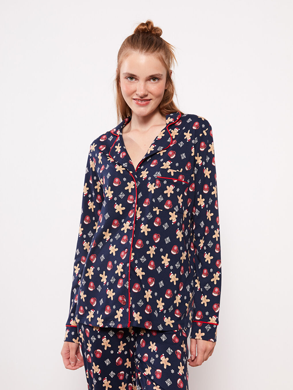 Shirt Neck New Year Themed Long Sleeve Cotton Women's Pajama Set-1