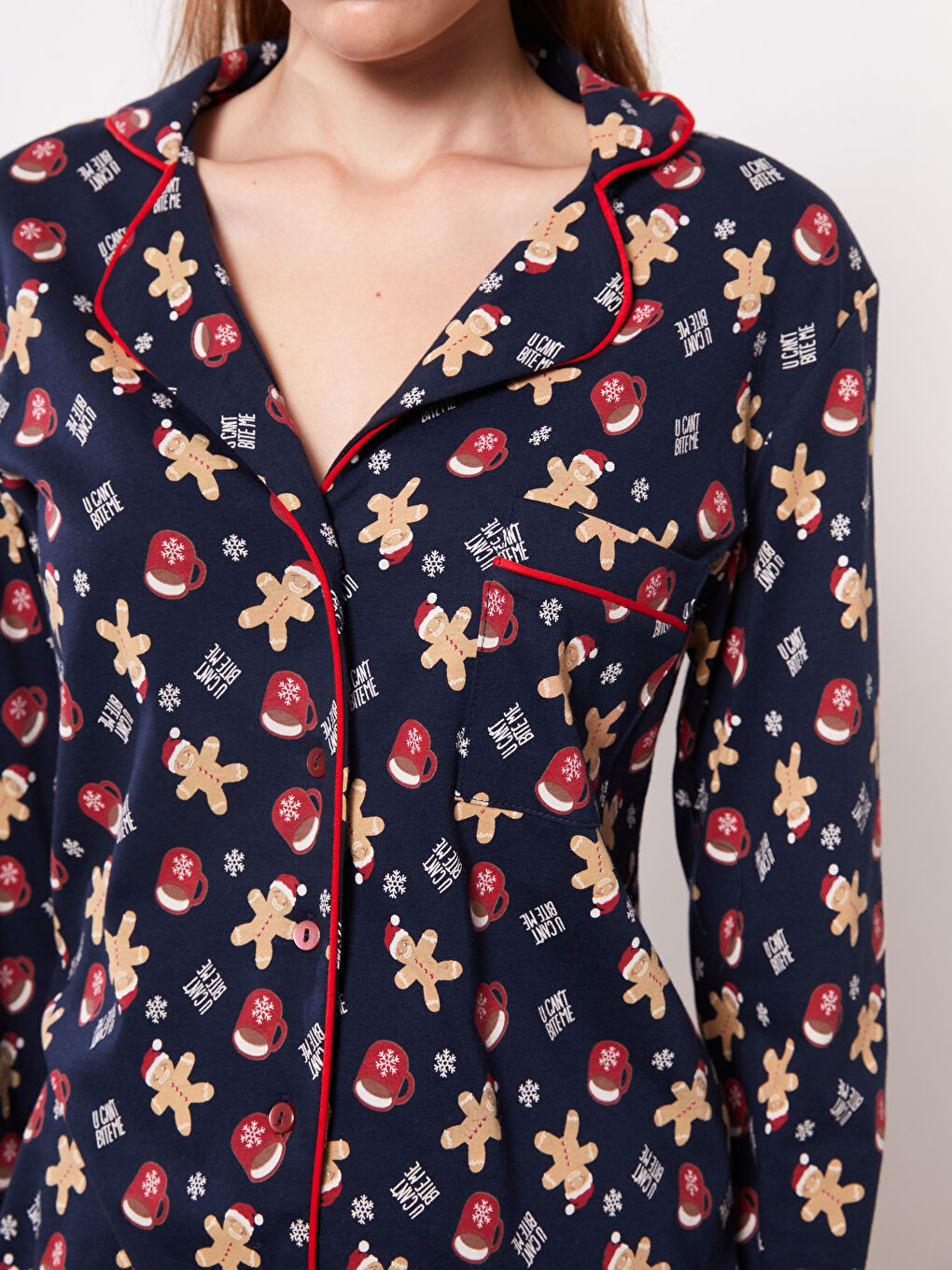 Shirt Neck New Year Themed Long Sleeve Cotton Women's Pajama Set-3