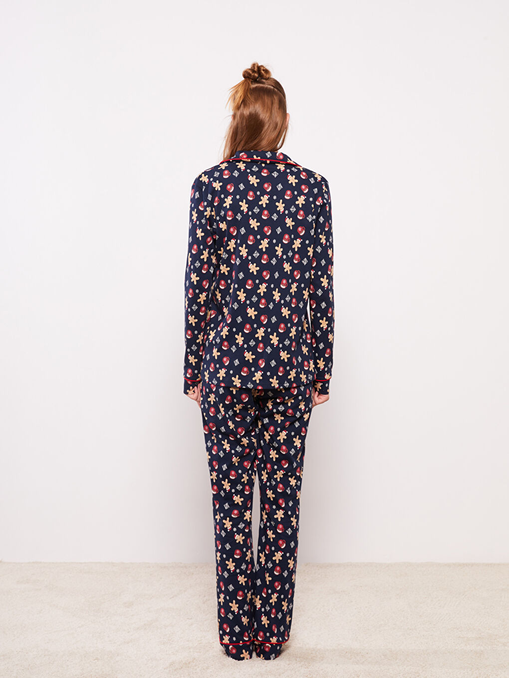 Shirt Neck New Year Themed Long Sleeve Cotton Women's Pajama Set-4