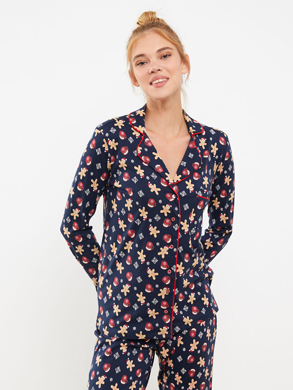 Shirt-Kragen Neujahrsmotiv Langarm Baumwolle Pyjama-Set für Damen