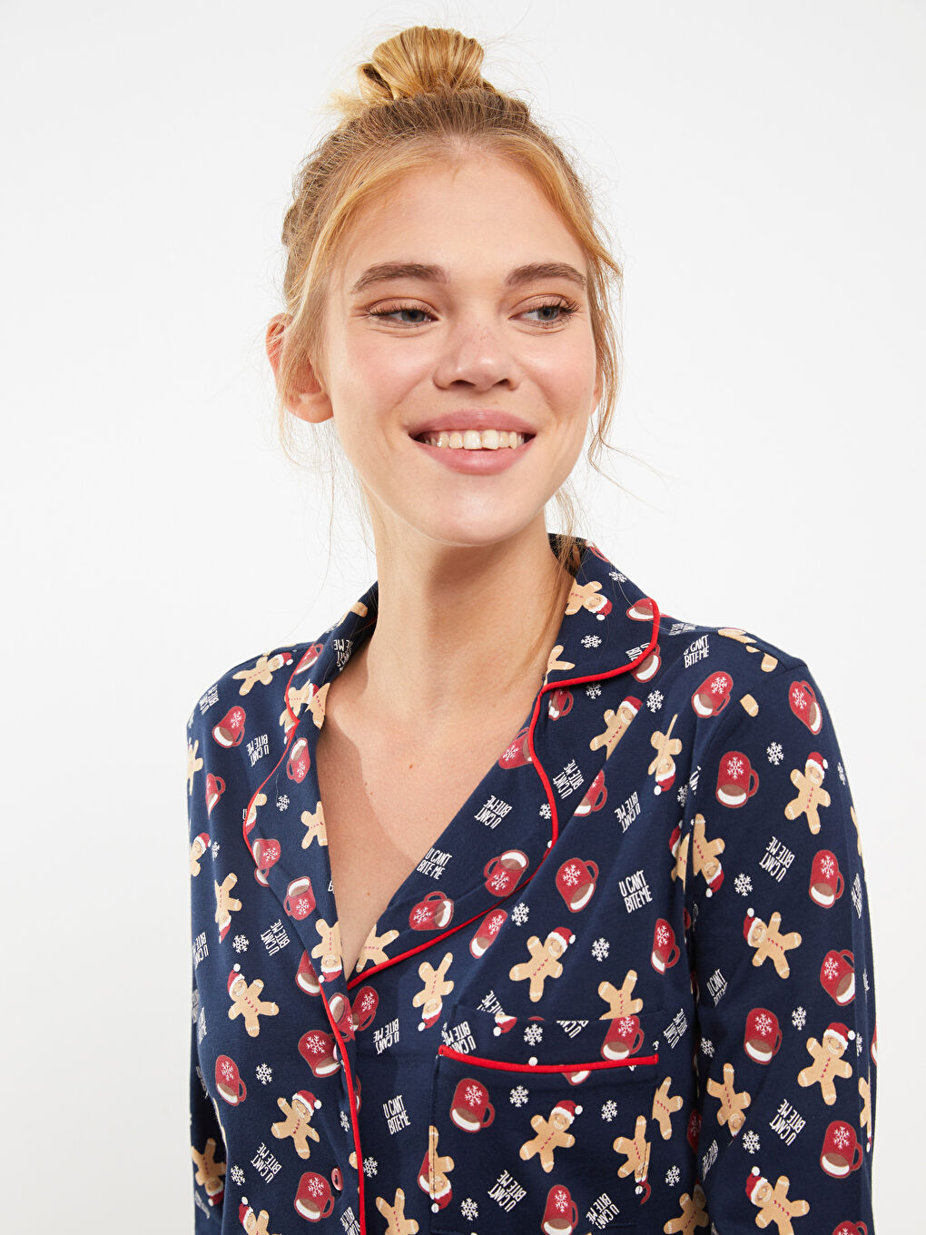 Shirt-Kragen Neujahrsmotiv Langarm Baumwolle Pyjama-Set für Damen-2