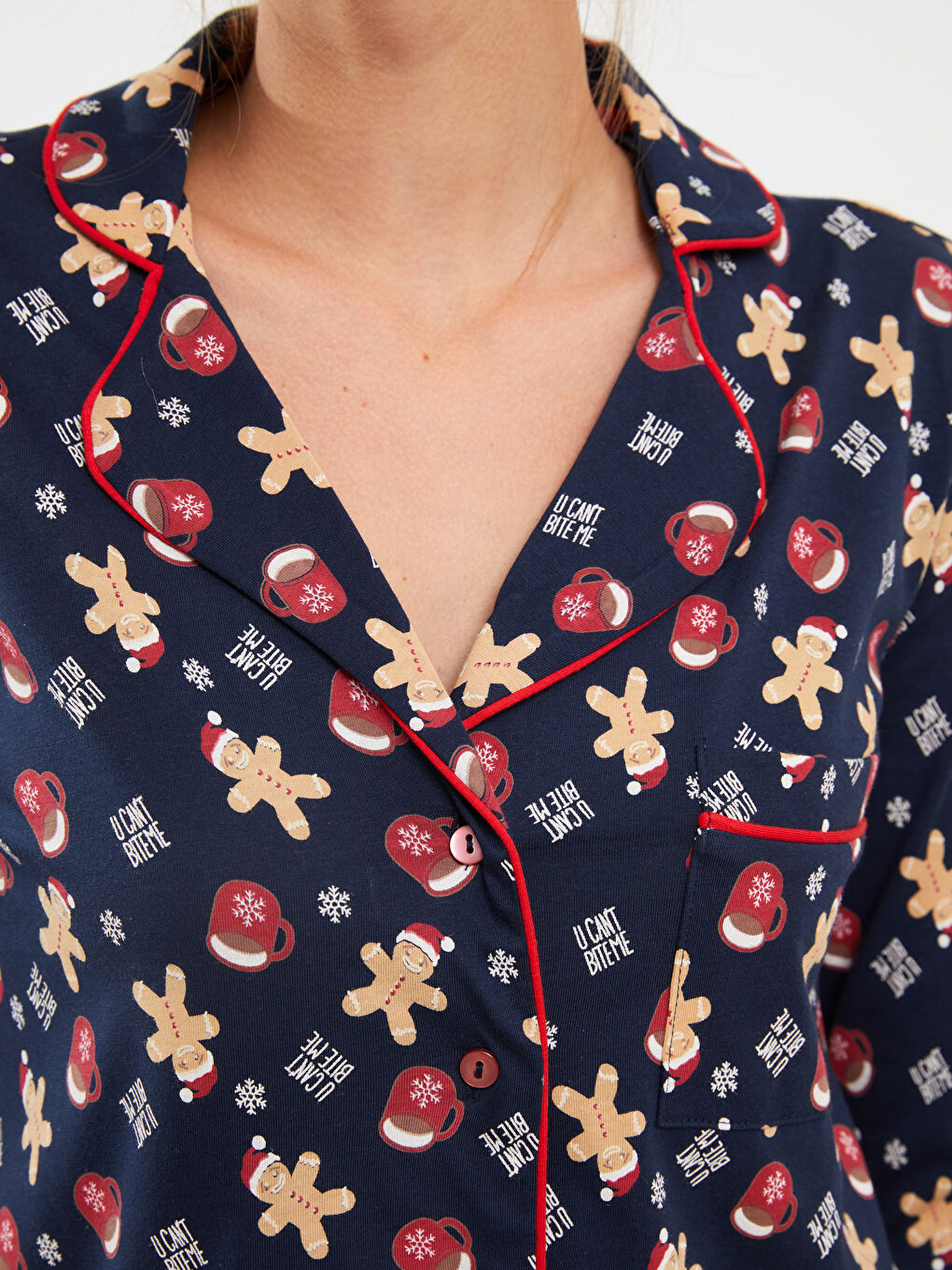 Shirt-Kragen Neujahrsmotiv Langarm Baumwolle Pyjama-Set für Damen-3