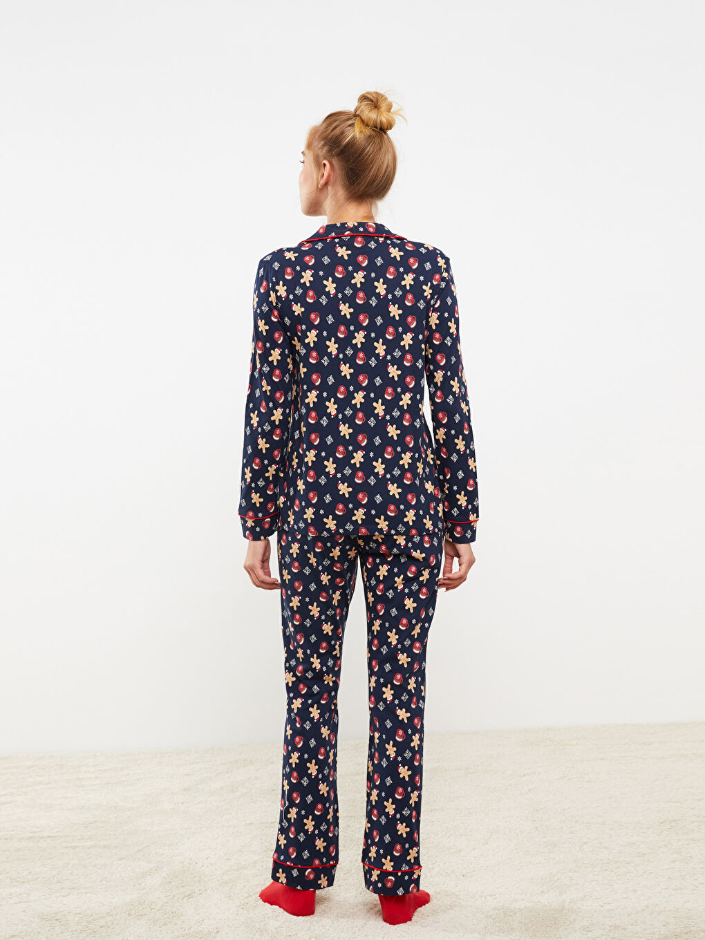 Shirt-Kragen Neujahrsmotiv Langarm Baumwolle Pyjama-Set für Damen-4