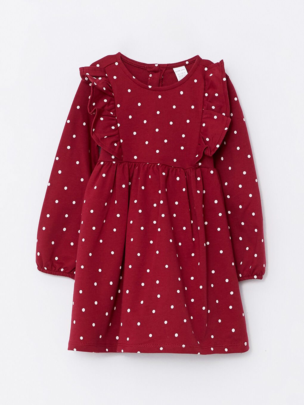 Bordo Bisiklet Yaka Uzun Kollu Puantiyeli Kız Bebek Elbise