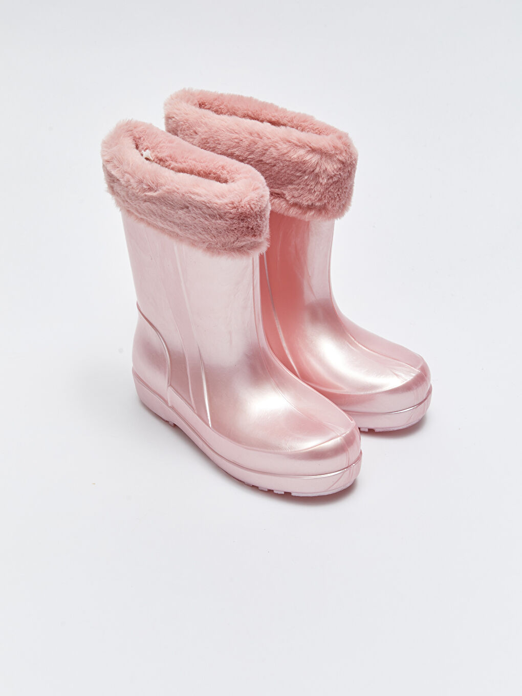 Pembe Parlak Görünümlü Kürk Detaylı Kız Çocuk Yağmur Botu