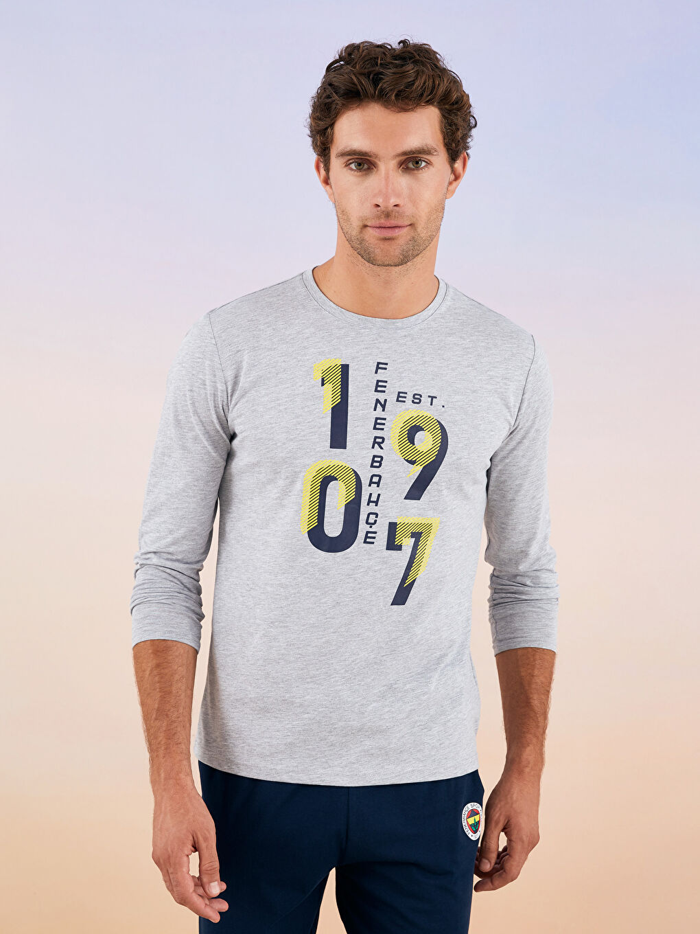 Gri Standart Kalıp Fenerbahçe Baskılı Erkek Taraftar Pijama Takımı-1