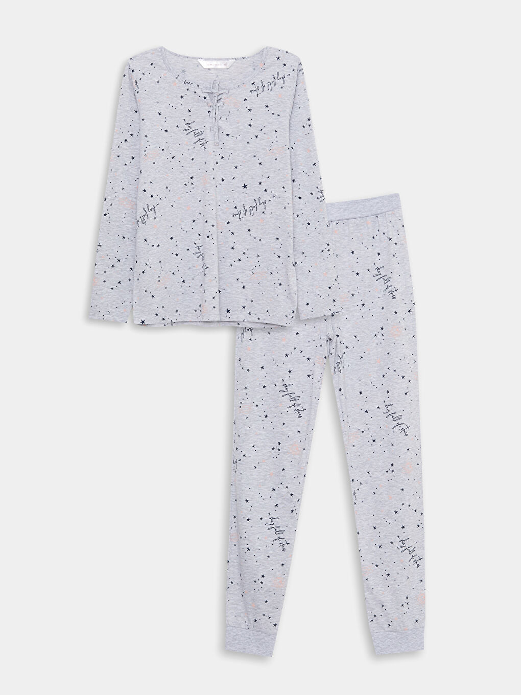 Gri Bağlamalı Yaka Desenli Kadın Pijama Takımı-5