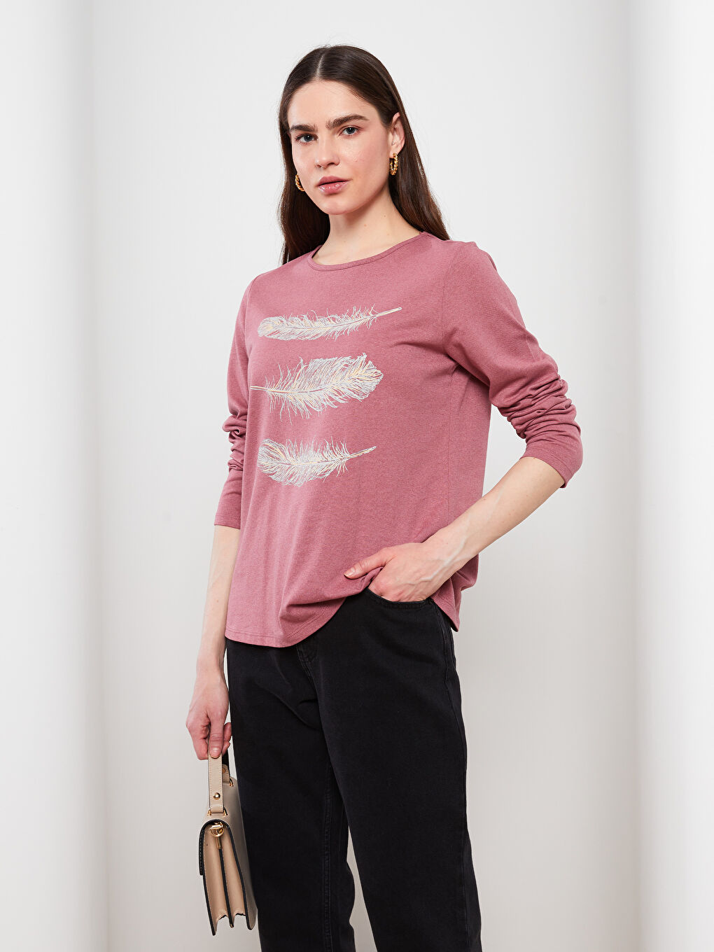 Pembe Bisiklet Yaka Desenli Uzun Kollu Kadın Tişört-2