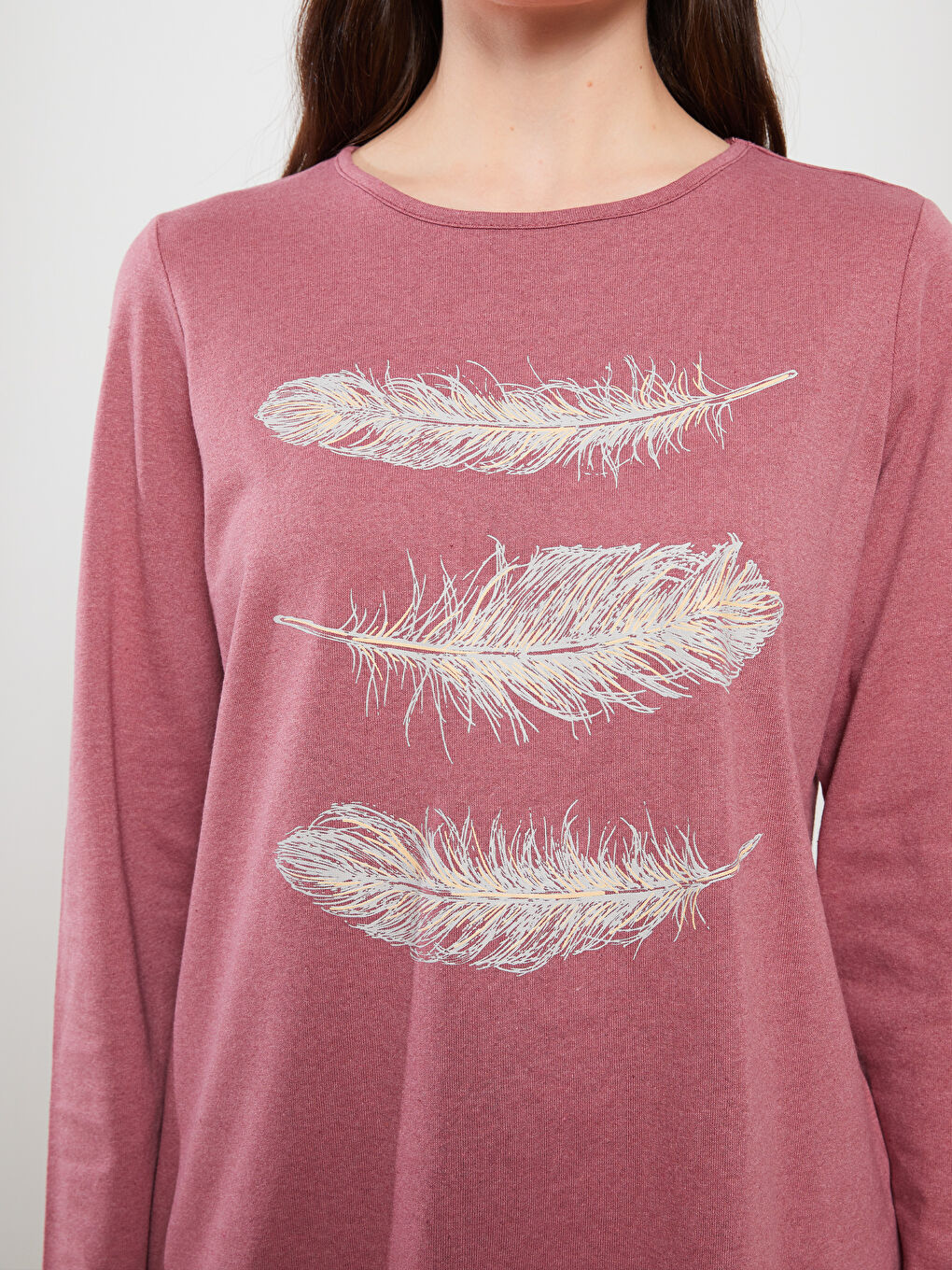 Pembe Bisiklet Yaka Desenli Uzun Kollu Kadın Tişört-3