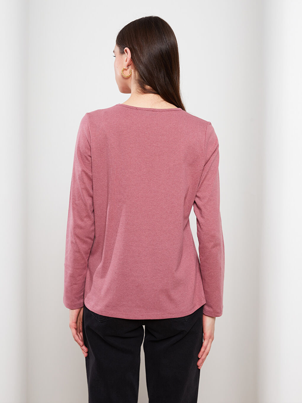 Pembe Bisiklet Yaka Desenli Uzun Kollu Kadın Tişört-4