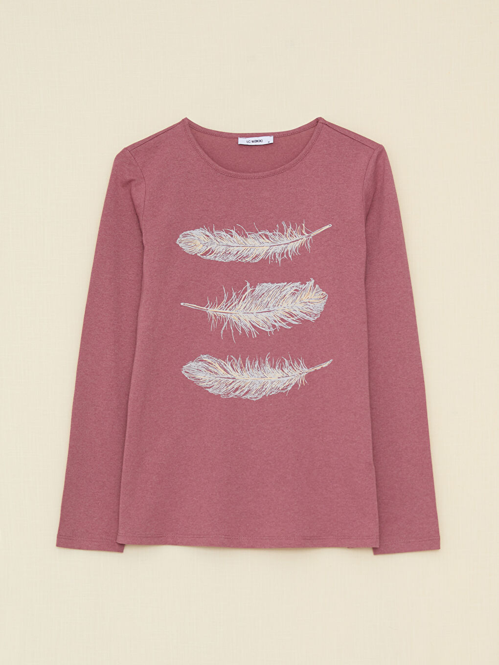 Pembe Bisiklet Yaka Desenli Uzun Kollu Kadın Tişört-5