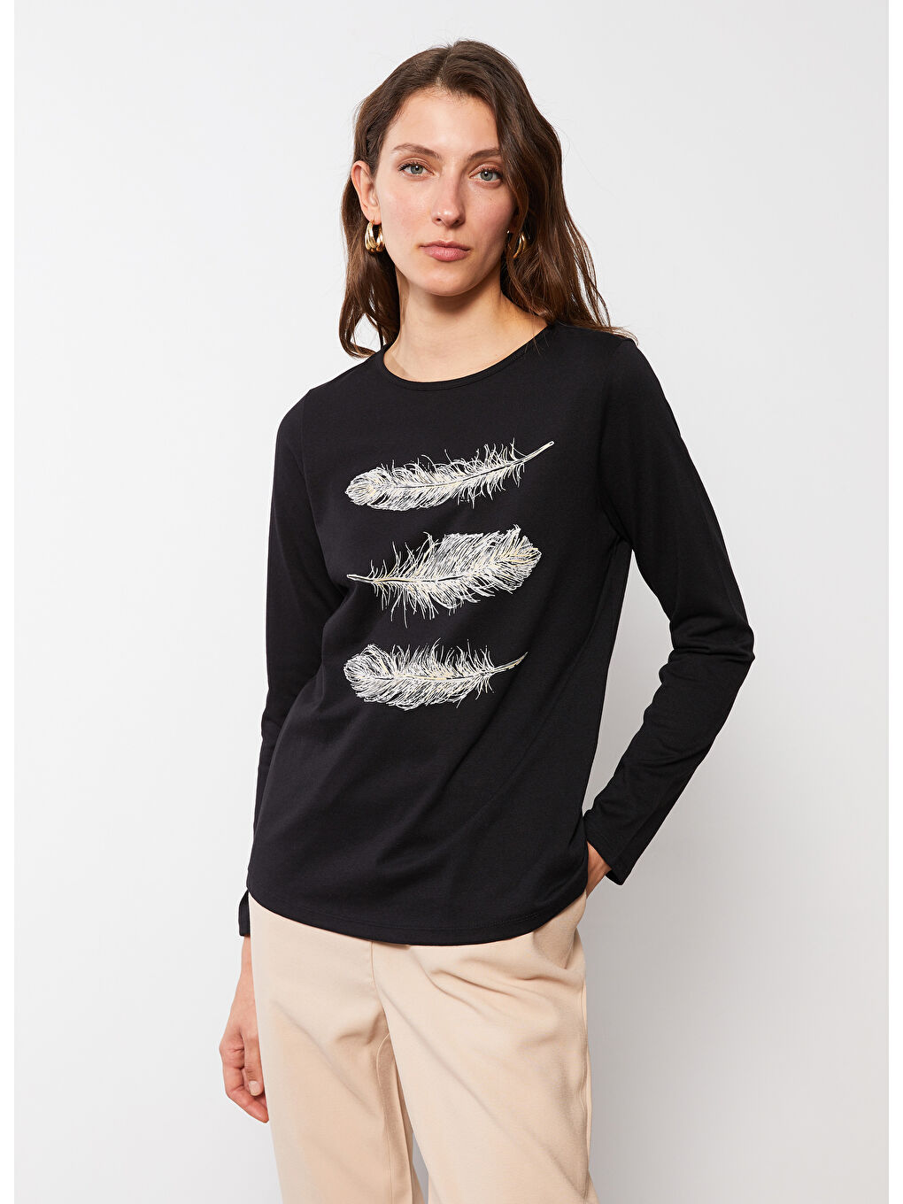 Crew Neck Printed Long Sleeve Women's T-Shirt