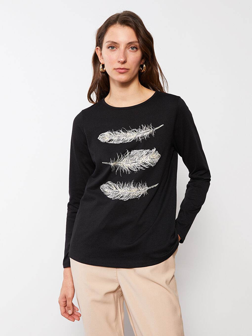 Crew Neck Printed Long Sleeve Women's T-Shirt-2