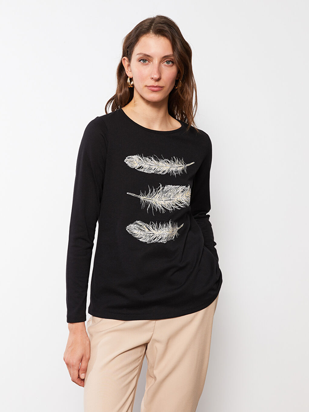 Crew Neck Printed Long Sleeve Women's T-Shirt-3