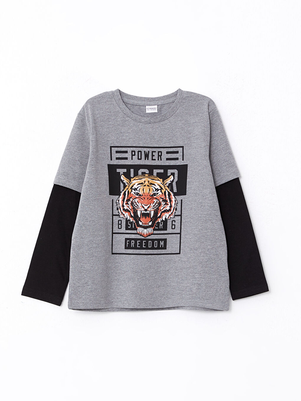 Gri Bisiklet Yaka Baskılı Uzun Kollu Erkek Çocuk Tişört
