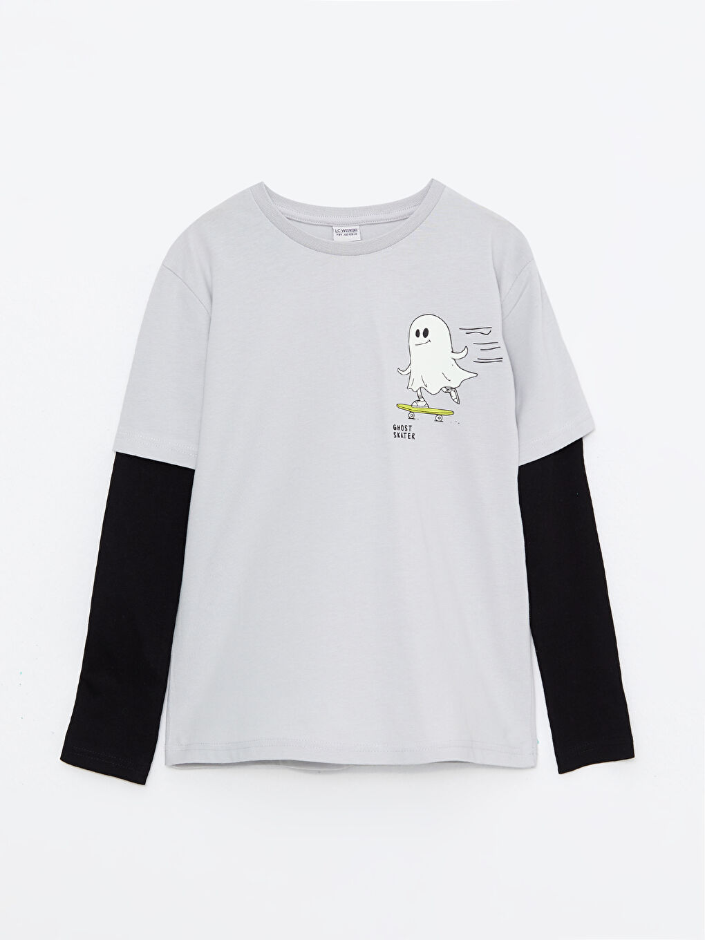 Gri Bisiklet Yaka Baskılı Uzun Kollu Pamuklu Erkek Çocuk Tişört