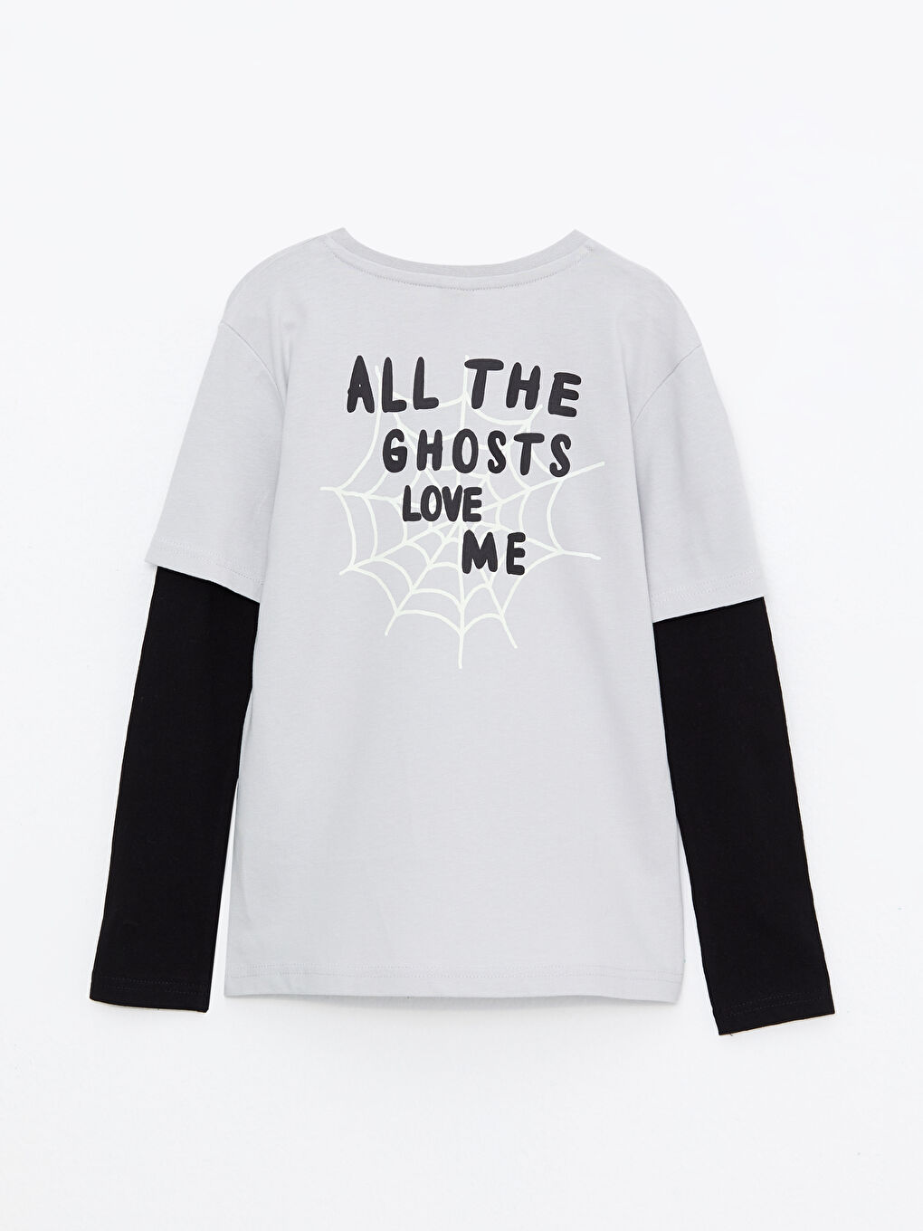 Gri Bisiklet Yaka Baskılı Uzun Kollu Pamuklu Erkek Çocuk Tişört-1