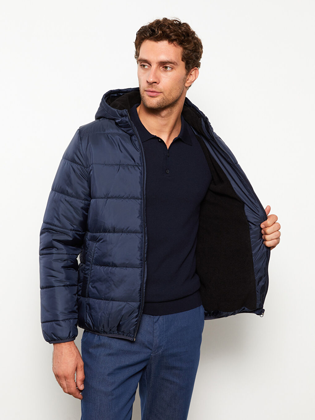 Lacivert Standart Kalıp Kapüşonlu Erkek Şişme Mont-2