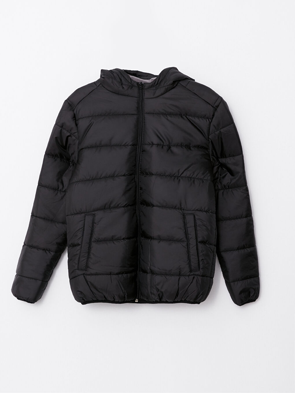 Siyah Standart Kalıp Kapüşonlu Erkek Şişme Mont-5