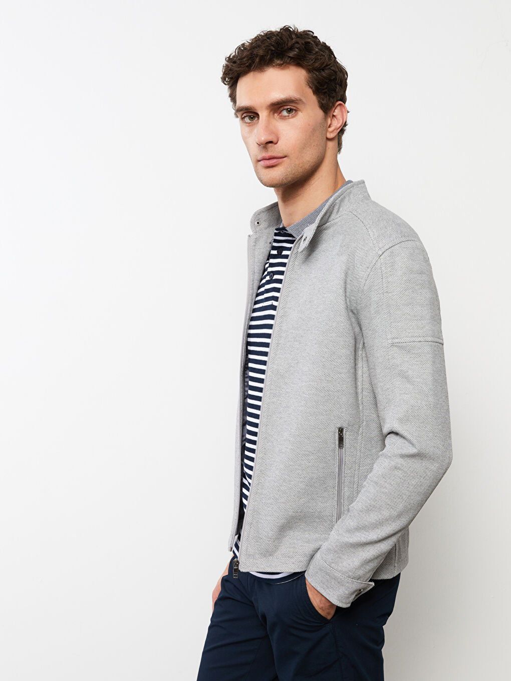 Gri Standart Kalıp Biker Yaka Erkek Mont-2