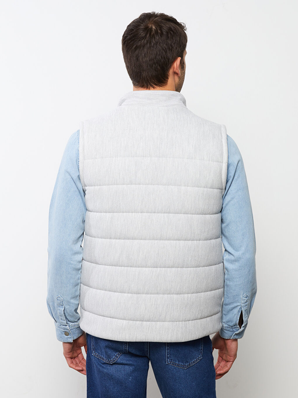 Gri Standart Kalıp Dik Yaka Erkek Yelek-5