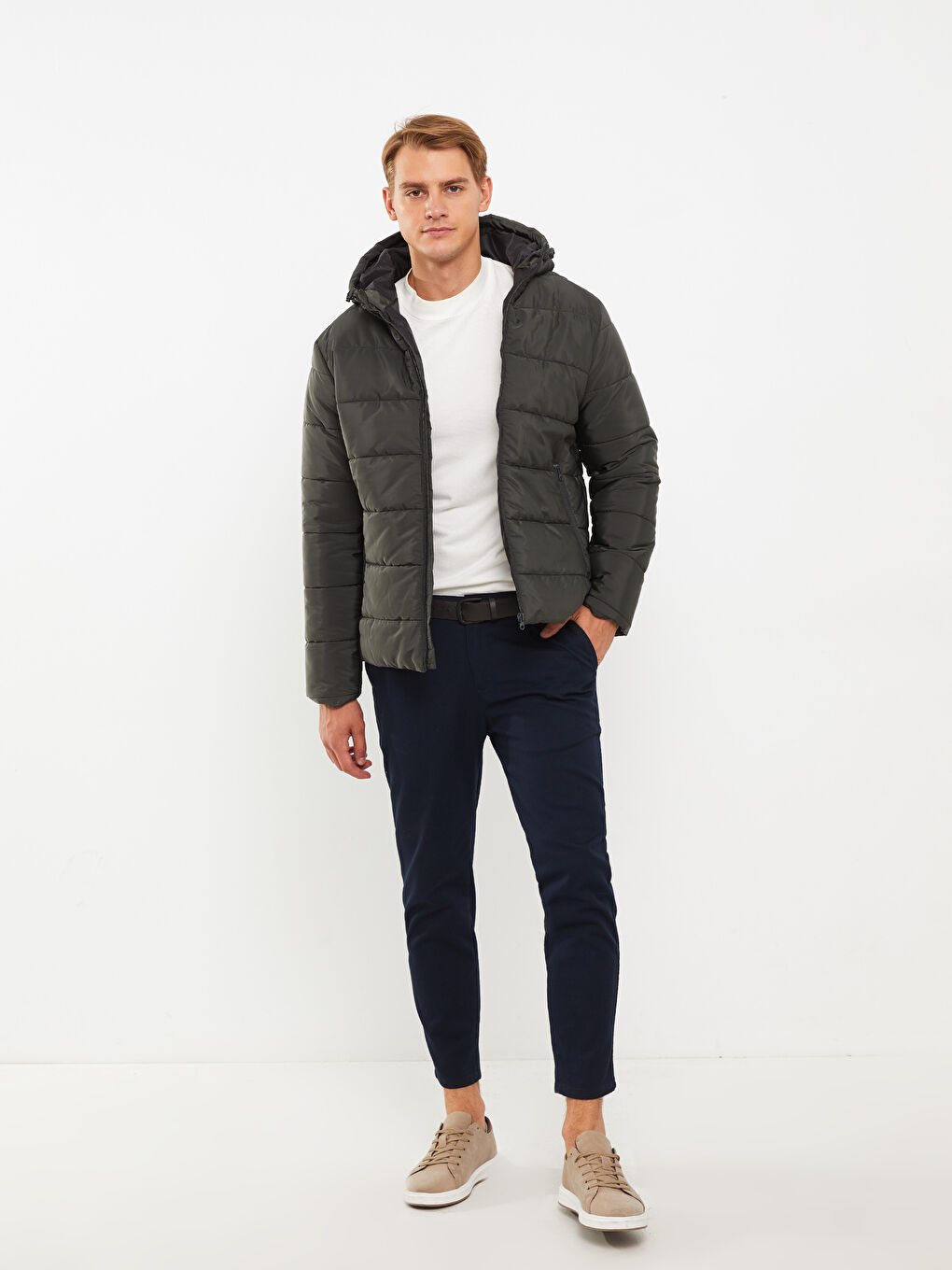 Haki Standart Kalıp Kapüşonlu Erkek Şişme Mont-1