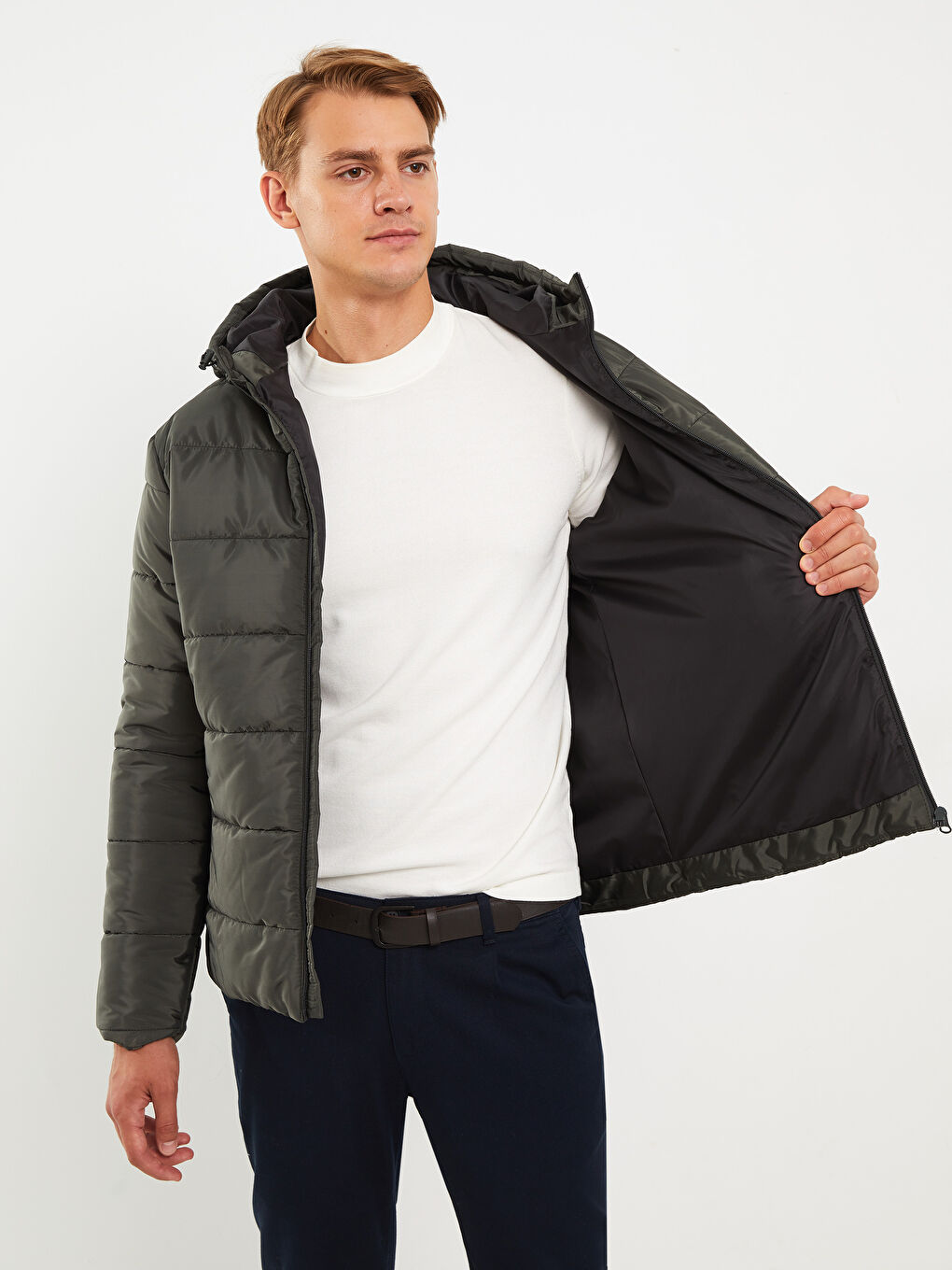 Haki Standart Kalıp Kapüşonlu Erkek Şişme Mont-2