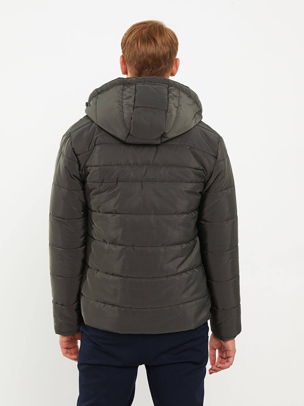 Haki Standart Kalıp Kapüşonlu Erkek Şişme Mont-4