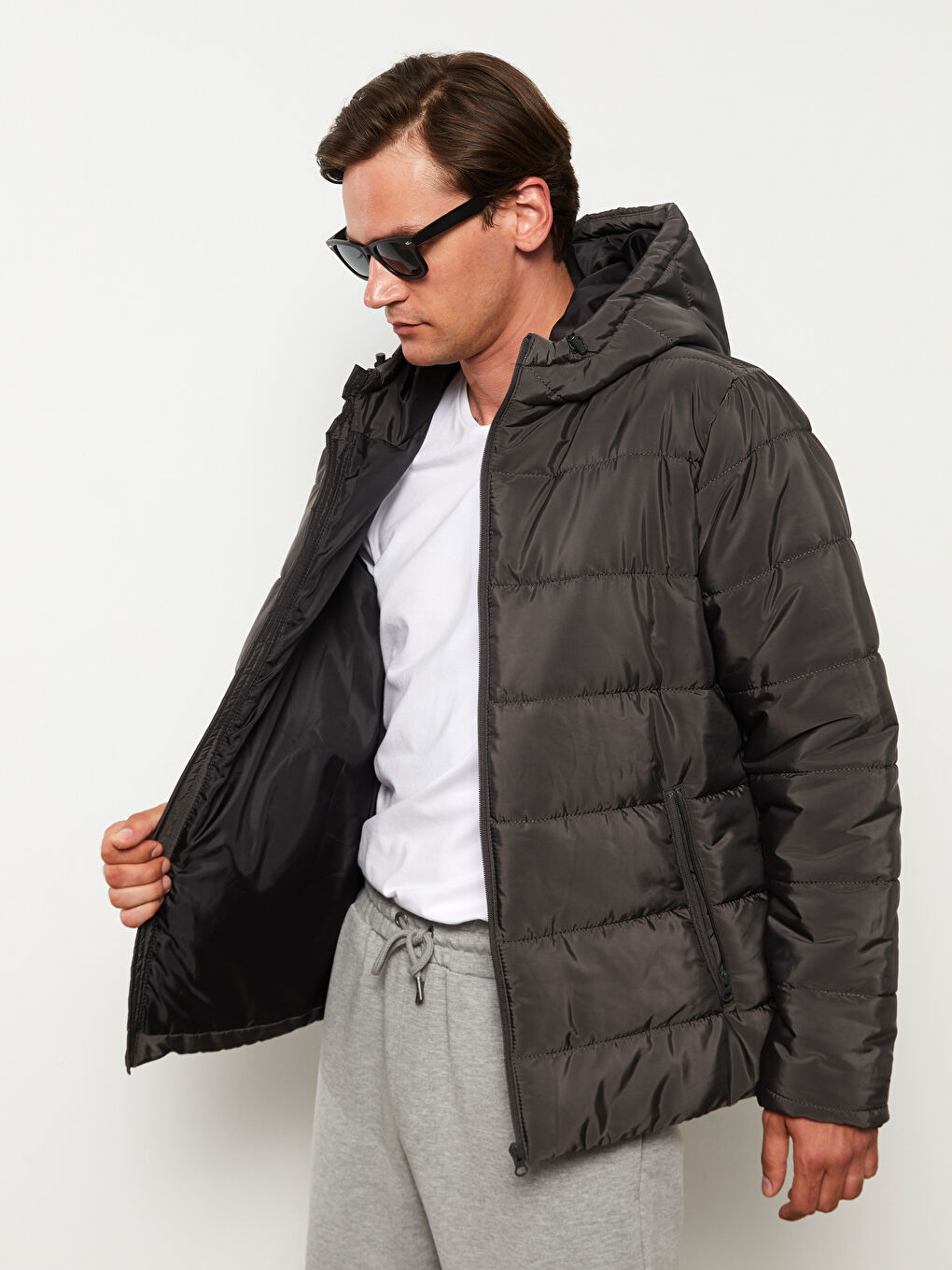 Antrasit Standart Kalıp Kapüşonlu Erkek Şişme Mont-2