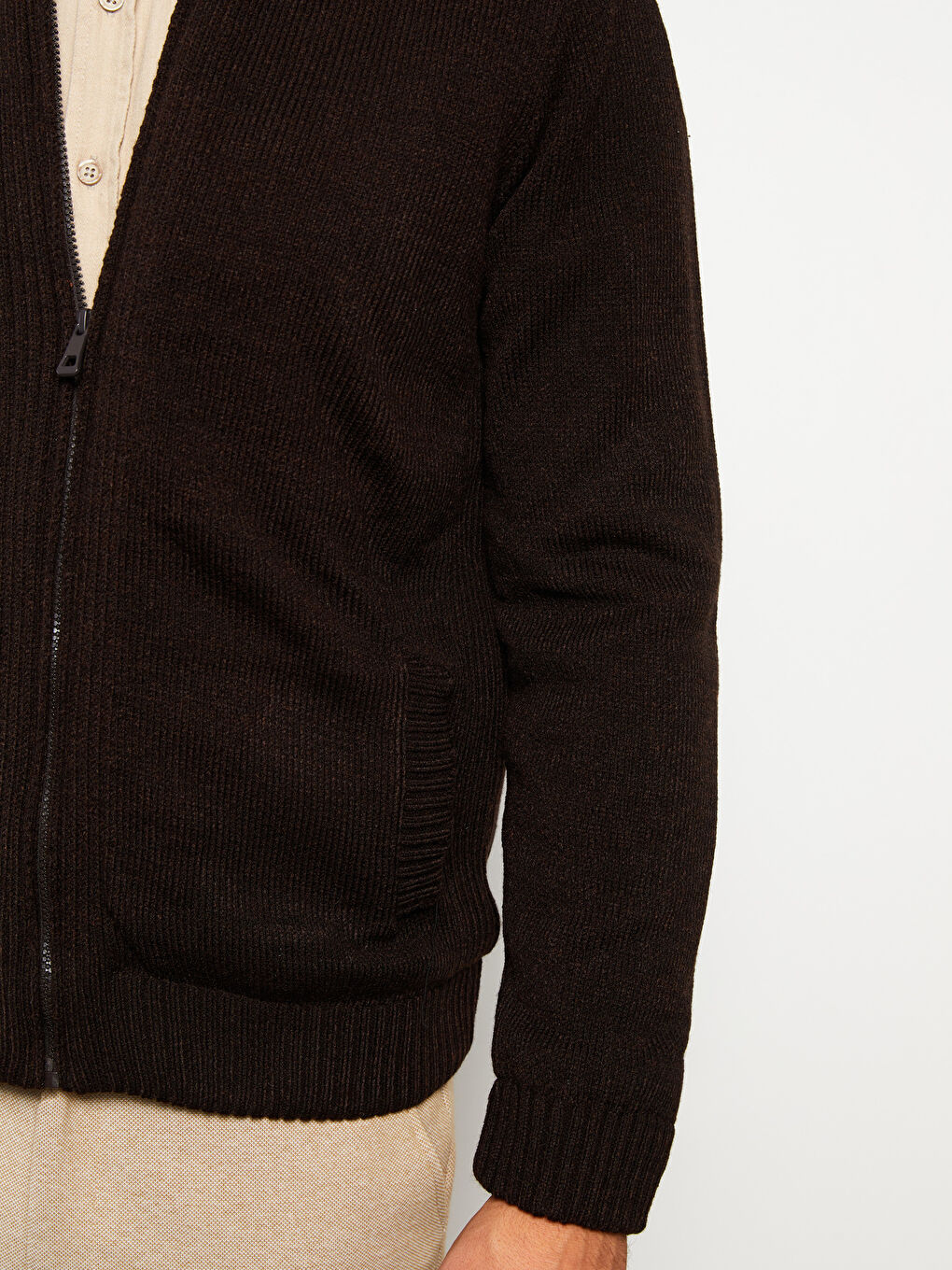 Kahverengi Standart Kalıp Dik Yaka Uzun Kollu Erkek Triko Hırka-2