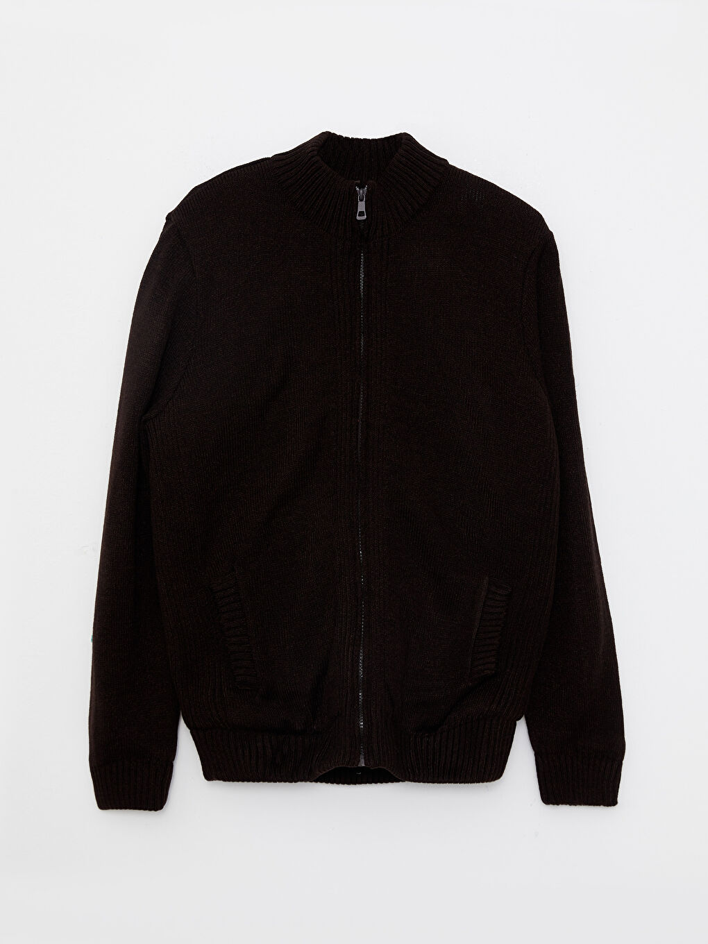 Kahverengi Standart Kalıp Dik Yaka Uzun Kollu Erkek Triko Hırka-5