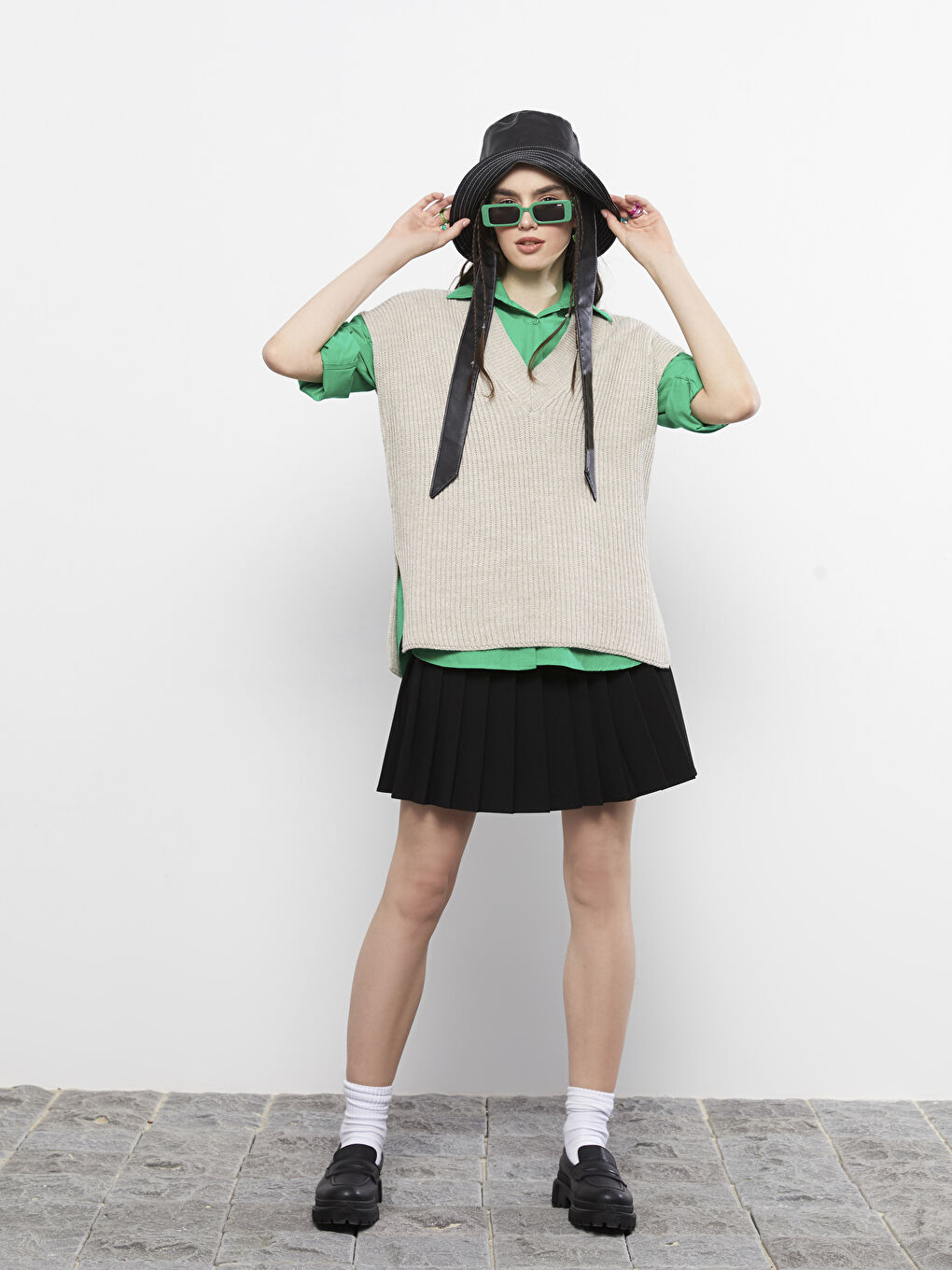 XSIDE V-Ausschnitt Schlichte Oversize Strick Pullunder für Damen -W26518Z8-SGP