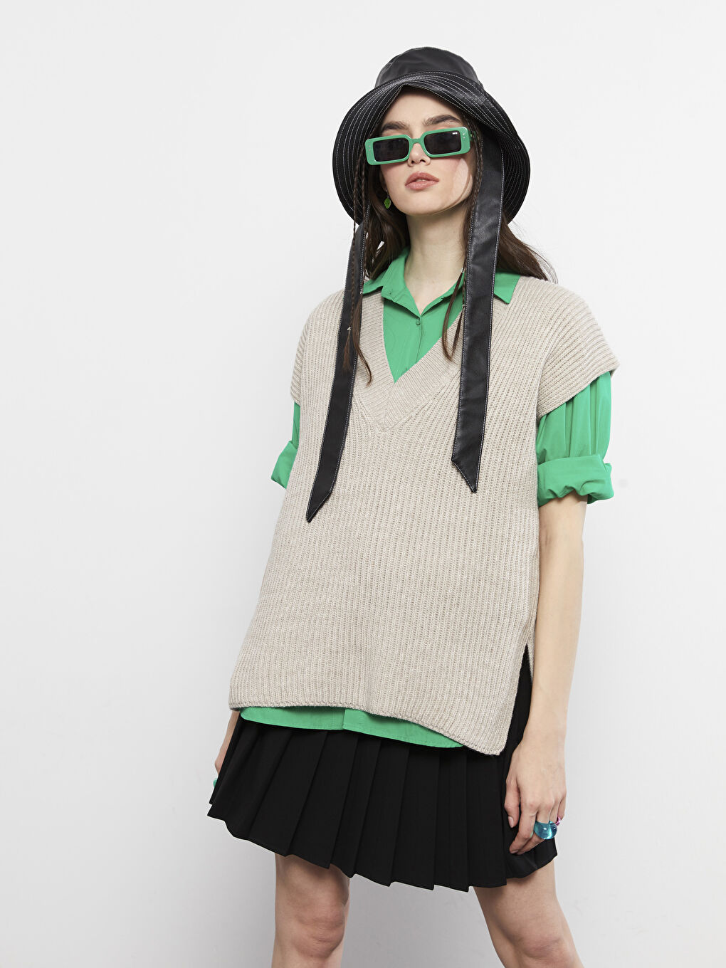 XSIDE V-Ausschnitt Schlichte Oversize Strick Pullunder für Damen -W26518Z8-SGP