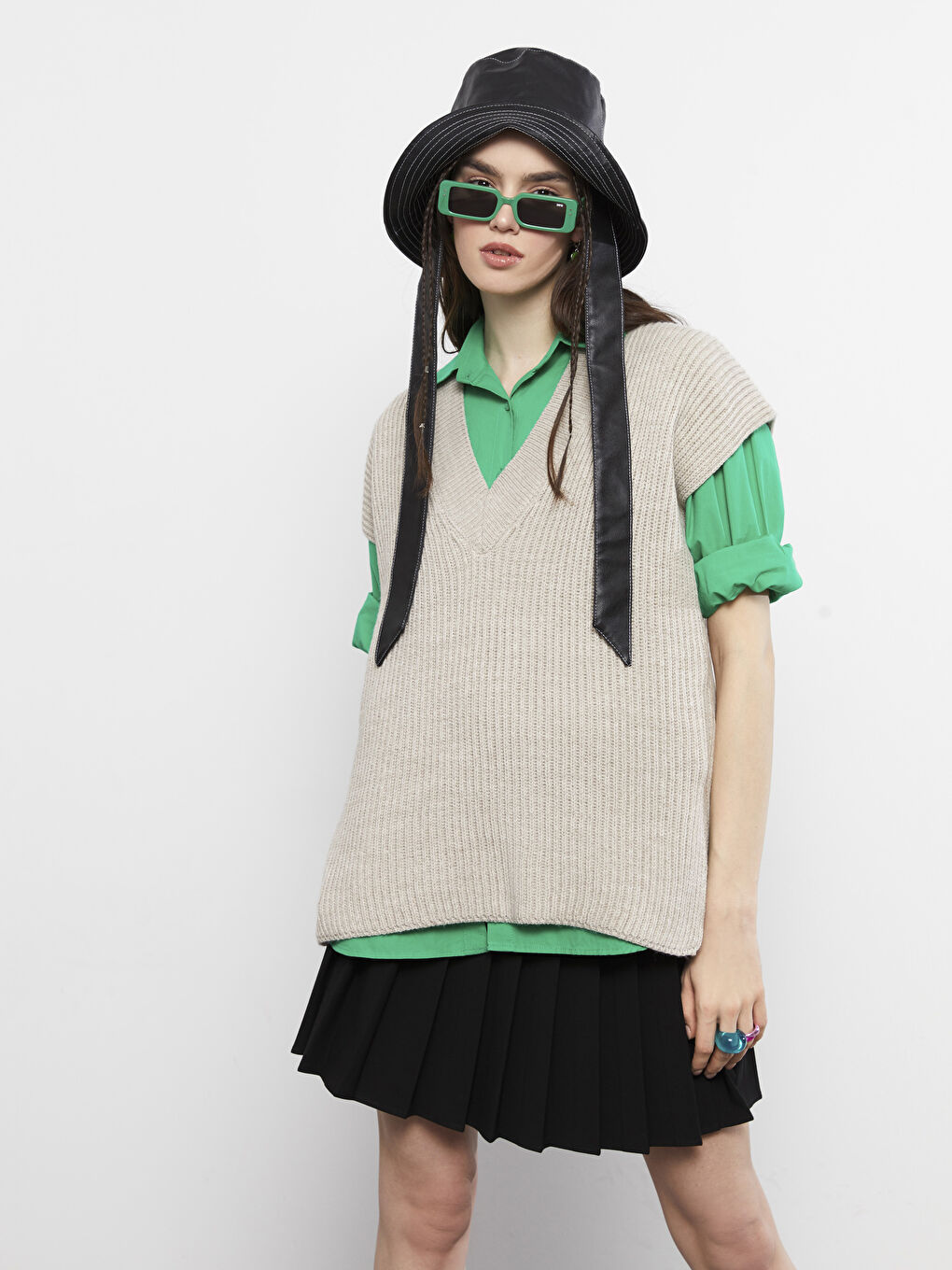 XSIDE V-Ausschnitt Schlichte Oversize Strick Pullunder für Damen -W26518Z8-SGP