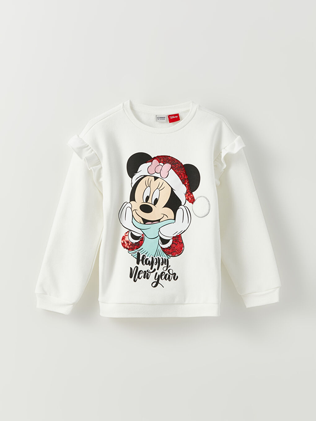 Ekru Bisiklet Yaka Minnie Mouse Baskılı Yılbaşı Temalı Uzun Kollu Kız Çocuk Sweatshirt